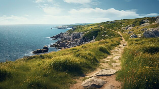 Une photo d'un sentier côtier avec une vue panoramique sur la mer