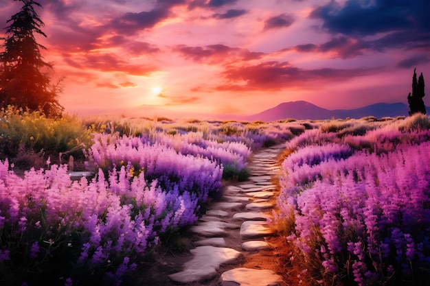 Photo d'un sentier éclairé par le soleil à travers un champ de lavande Flower Garden