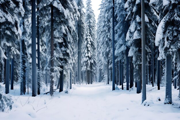 Photo d'un sentier forestier enneigé dans un paysage paisible en hiver