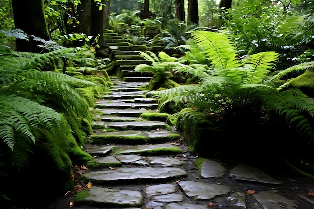 Photo d'un sentier de pierre à travers un jardin de fougères luxuriantes Jardin de fleurs