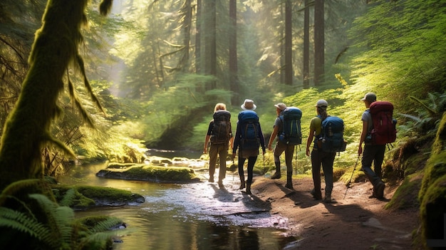 Une photo sereine mettant en vedette un groupe de jeunes aventureux immergés dans les merveilles de la nature