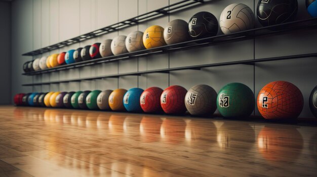 Une photo d'une série de boules de médecine dans un gymnase