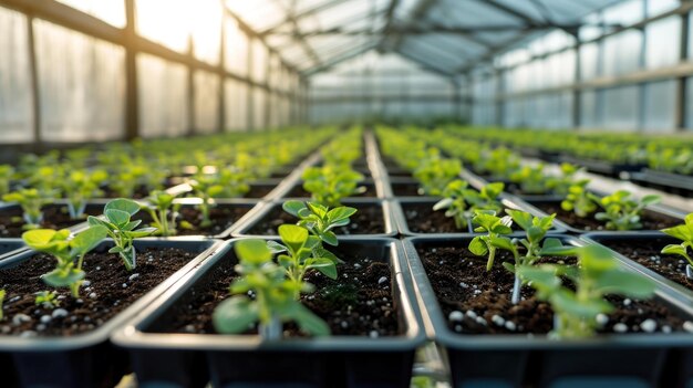 Une photo d'une serre avec des plateaux de légumes en germination