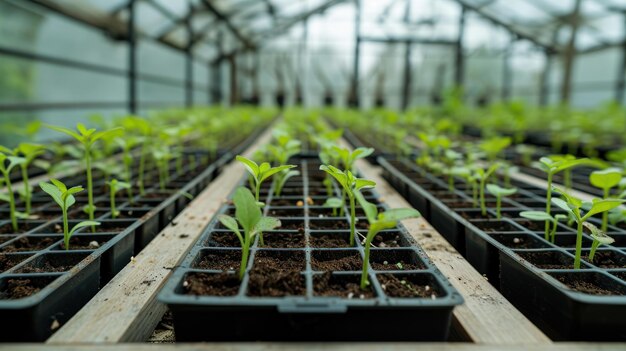 Une photo d'une serre avec des plateaux de légumes en germination