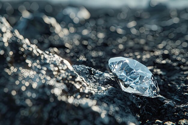 Photo d'un seul diamant taillé sur un morceau de charbon sur un fond plat