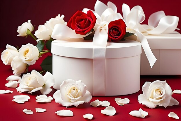 Photo photo-shoot conceptuel d'une boîte cadeau blanche avec des roses blanches et rouges