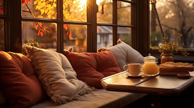 Une photo d'un siège confortable d'une fenêtre de café à la lumière douce de l'après-midi