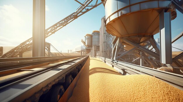 Une photo d'un silo avec une courroie transportatrice chargant du grain dans un camion