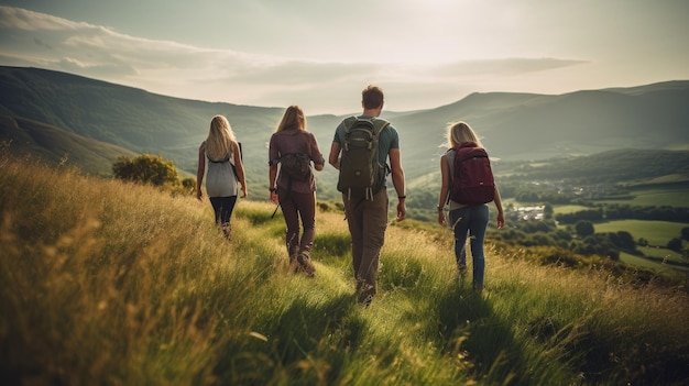 Photo une photo sincère d'une famille et d'amis faisant une randonnée ensemble dans les montagnes pendant la semaine de voyage de vacances.