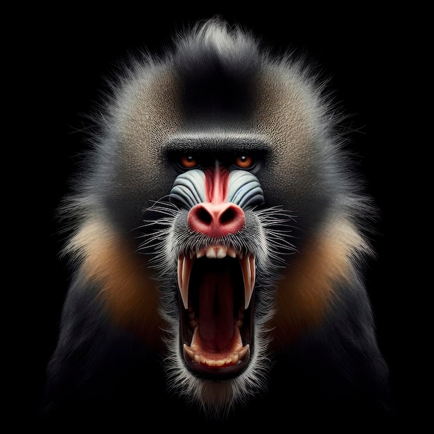 Photo d'un singe mandrill mécontent sur un fond noir solide ai génératif
