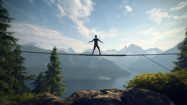 Une photo d'un slackliner en équilibre dans un cadre pittoresque