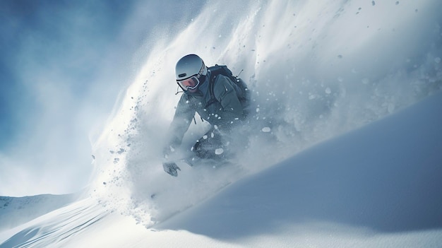 Photo d'un snowboarder fonçant dans la poudreuse fraîche