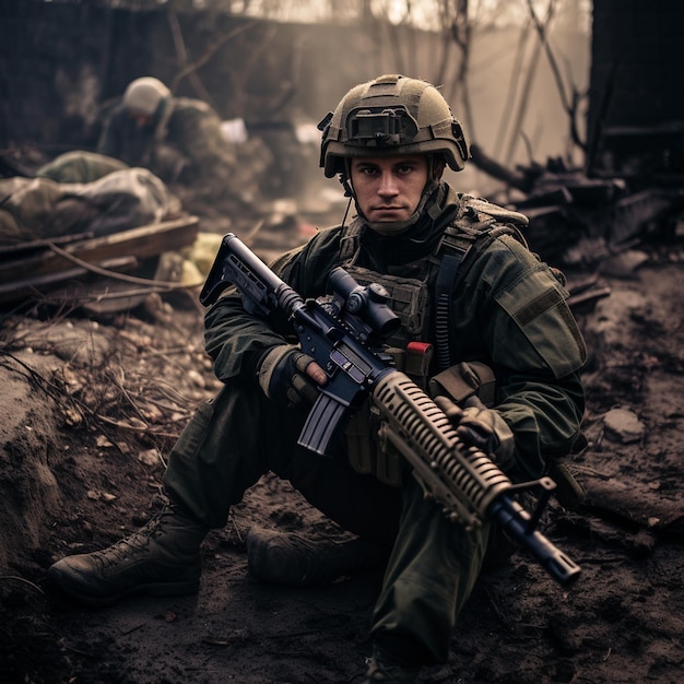 Photo photo soldat de l'armée avec fusil et mitrailleuse officier ukrainien en uniforme soldats tués dans