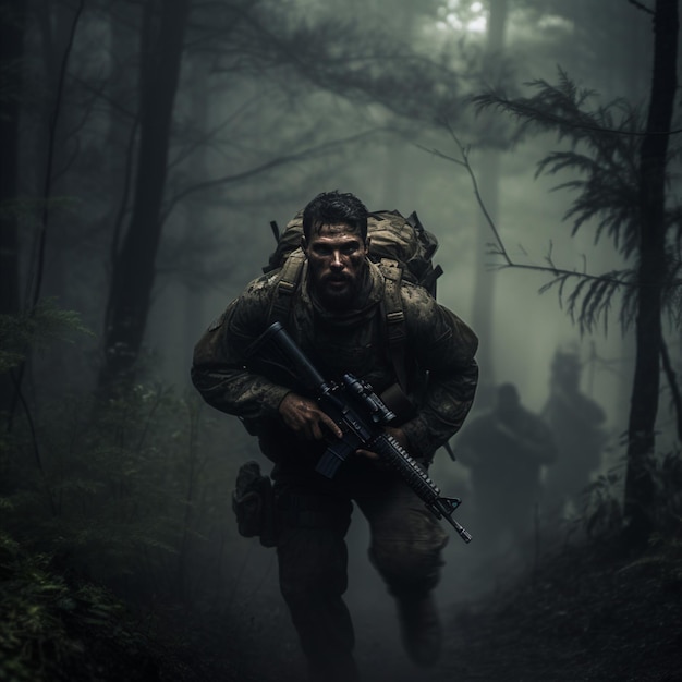 une photo de soldats lors d'un raid dans la forêt