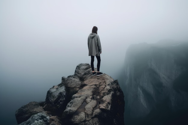 Photo sombre d'une jeune femme debout sur le précipice d'une montagne AI