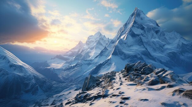 Une photo d'un sommet de montagne avec un sentier sinueux de sommets enneigés