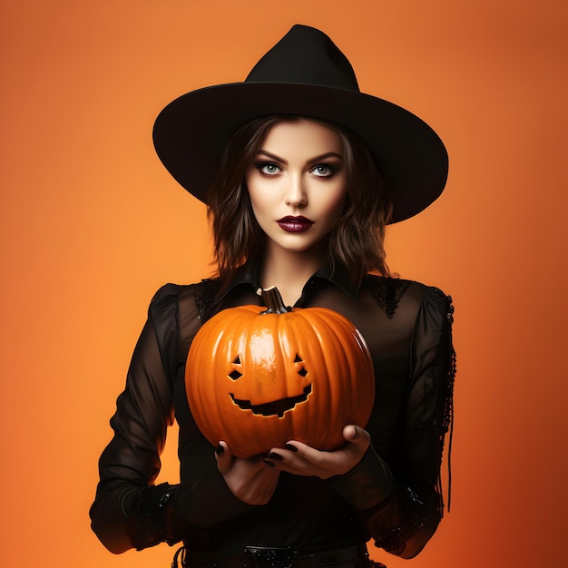 Photo sorcière sexy avec des citrouilles maléfiques de château effrayant pour l'IA générative du jour d'Halloween