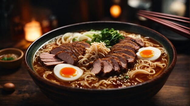 photo de soupe ramen avec des nouilles, des œufs mous et du porc chashu sur un fond sombre