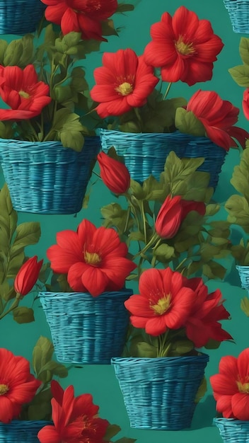 Photo sous la forme d'un motif sans couture fleurs rouges dans un panier vert avec des ombres de couleur bleue