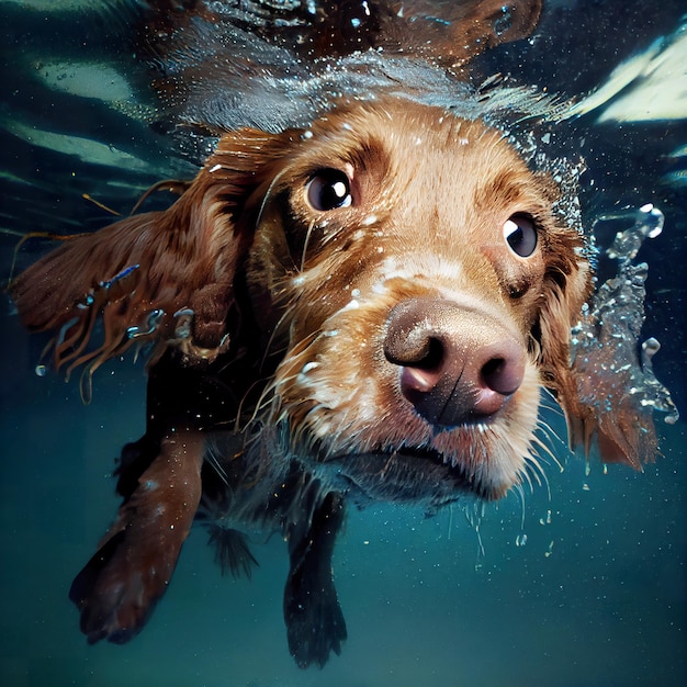 photo sous-marine grand angle gros plan d'un chien sous l'eau