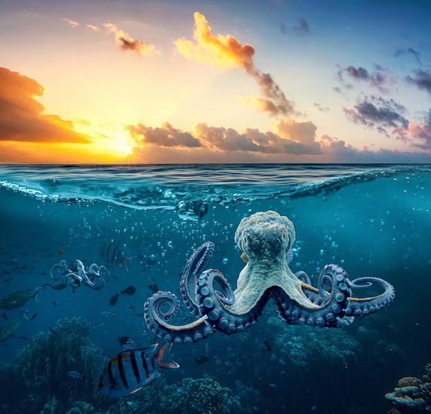 Photo sous-marine d'une pieuvre isolée nageant dans une baie de sable tropicale avec une mer turquoise et limpide