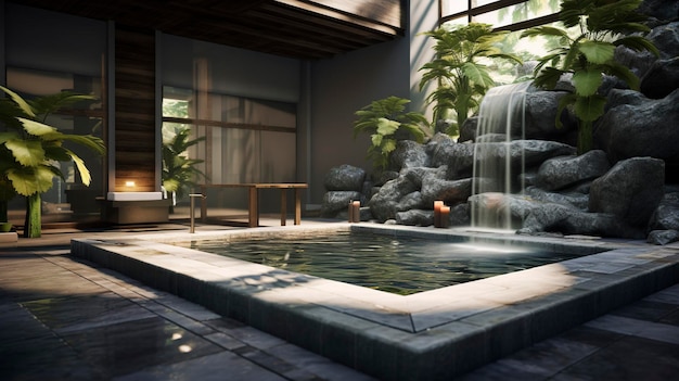 Une photo d'un spa moderne avec une piscine d'eau calmante