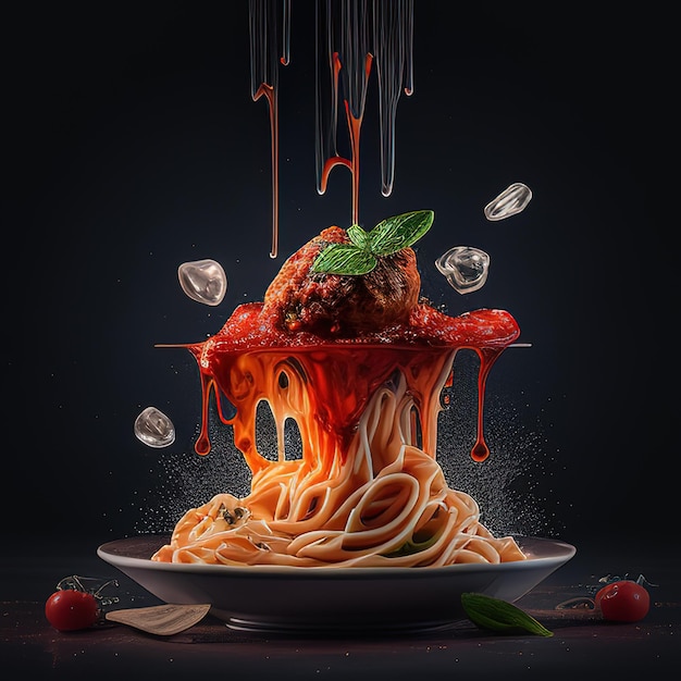 Une photo d'un spaghetti avec une boulette de viande dessus