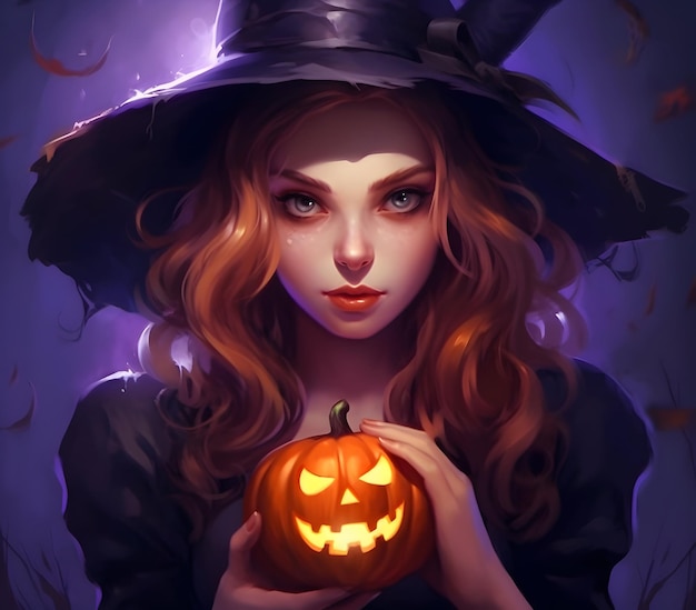 Photo Spooky 3D Witch Girl illustration pour le jour d'Halloween avec un visage maléfique génératif de citrouille