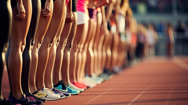 Photo sportive de la ligne de départ d'une course olympique sur piste de belles femmes athlétiques sont alignées dans la ligne de début prêtes pour le départ de la course