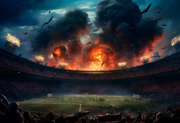 PHOTO DE STADE RÉALISTE AVEC FUMÉE ET FEU EN 4K