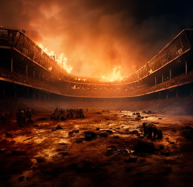 PHOTO DE STADE RÉALISTE AVEC FUMÉE ET FEU EN 4K