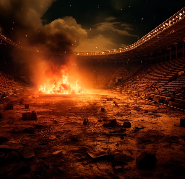 PHOTO DE STADE RÉALISTE AVEC FUMÉE ET FEU EN 4K