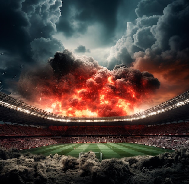 PHOTO DE STADE RÉALISTE AVEC FUMÉE ROUGE EN 4K