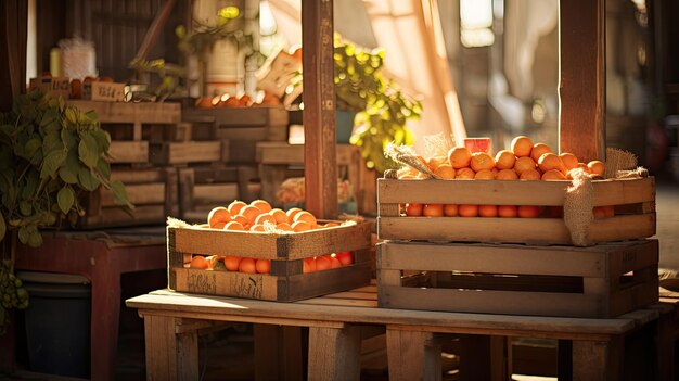 Photo une photo d'un stand de fruits de mandarine en boîtes en bois rustiques