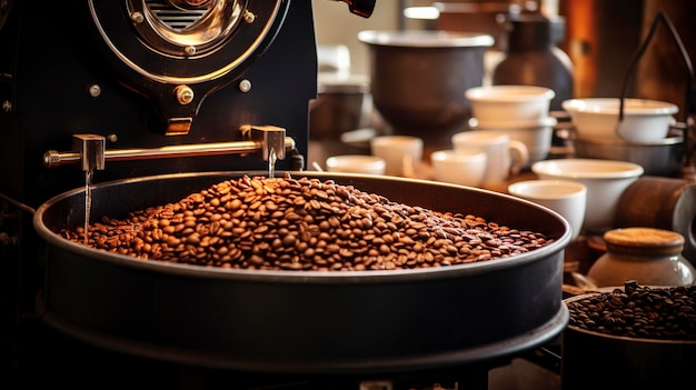 Une photo d'une station de torréfaction de café avec des haricots