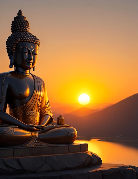 Photo d'une statue de Bouddha assise devant un coucher de soleil