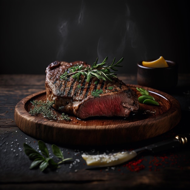 Photo photo steak de boeuf grillé sur la surface en bois sombre photographie alimentaire