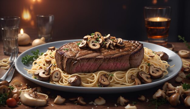 Photo une photo de steak de bœuf haut de gamme avec des nouilles et des champignons