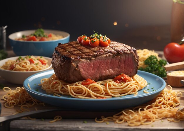 Photo une photo de steak de bœuf premium avec des nouilles et des champignons