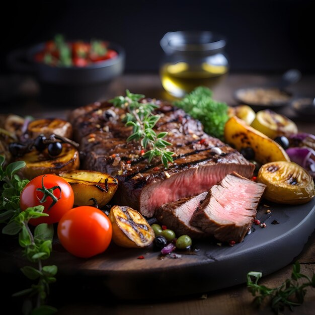 Photo photo de steak avec des tomates et des légumes