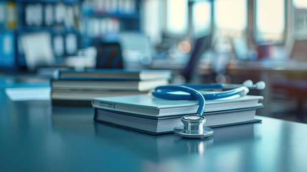 Photo d'un stéthoscope et de livres médicaux sur un bureau flou au bureau de l'hôpital