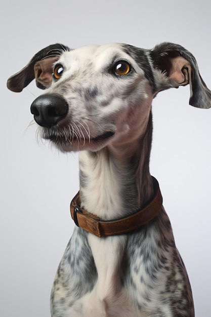 Une photo en studio d'un adorable chiot Whippet sur un fond gris