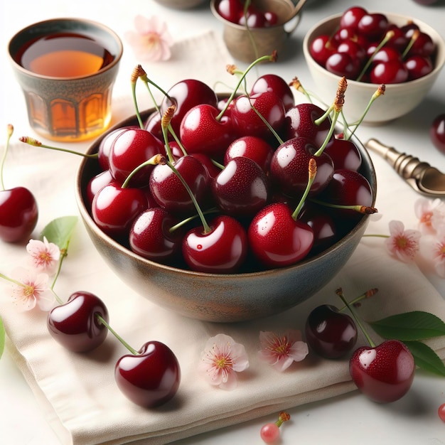 Une photo de studio de cerises sur fond blanc