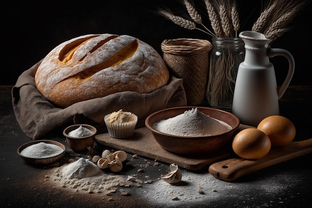 Photo de studio de cuisson du pain et de la farine de produits fond noir foncé AI générative