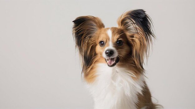 Photo photo de studio d'un drôle de chien papillon isolé sur le mur blanc du studio