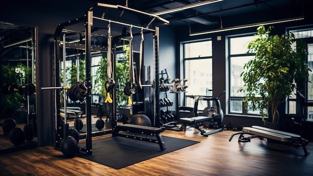 Une photo d'un studio d'entraînement personnel avec des machines à câbles réglables