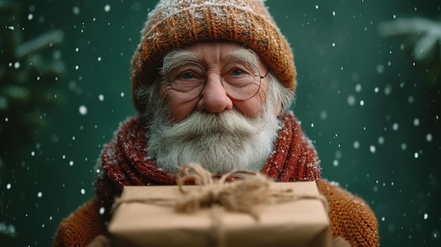 Une photo en studio d'un homme barbu âgé heureux souriant tout en tenant une boîte à cadeaux avec des lunettes