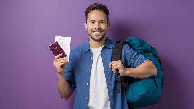 Photo une photo en studio d'un homme heureux et non rasé qui porte un passeport avec un document et un sac à dos.