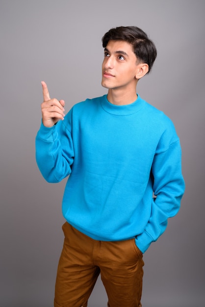 Photo de Studio de jeune adolescent persan beau sur fond gris