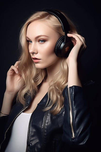 Une photo en studio d'une jeune femme attrayante écoutant de la musique avec des écouteurs